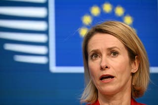 EU vice-president for foreign affairs and security policy Kaja Kallas delivers a statement after a Foreign Affairs Council in Brussels